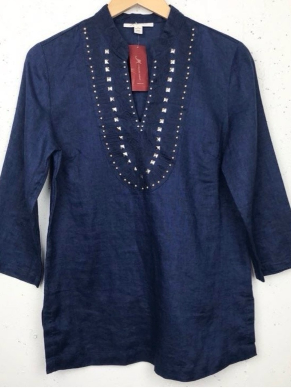 JM Collection Navy Embellished Linen Tunic - Picture 2 of 10